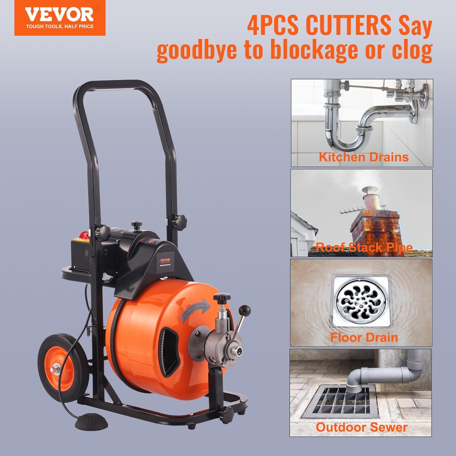 2025 Drain Cleaner Machine 100FT x 1/2Inch, Auto Feed Sewer Snake Auger with 4 Cutter & Air-activated Foot Switch for 1" to 4" Pipes, Orange, Black