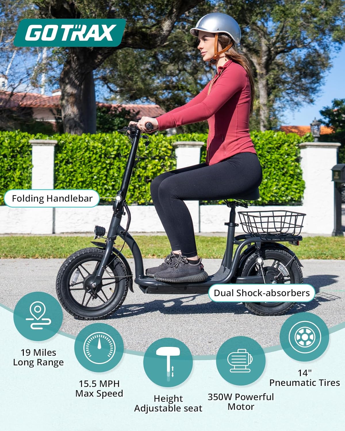 Gotrax adult electric scooter with seat maximum range of 19-25 miles all-terrain tires wide pedals