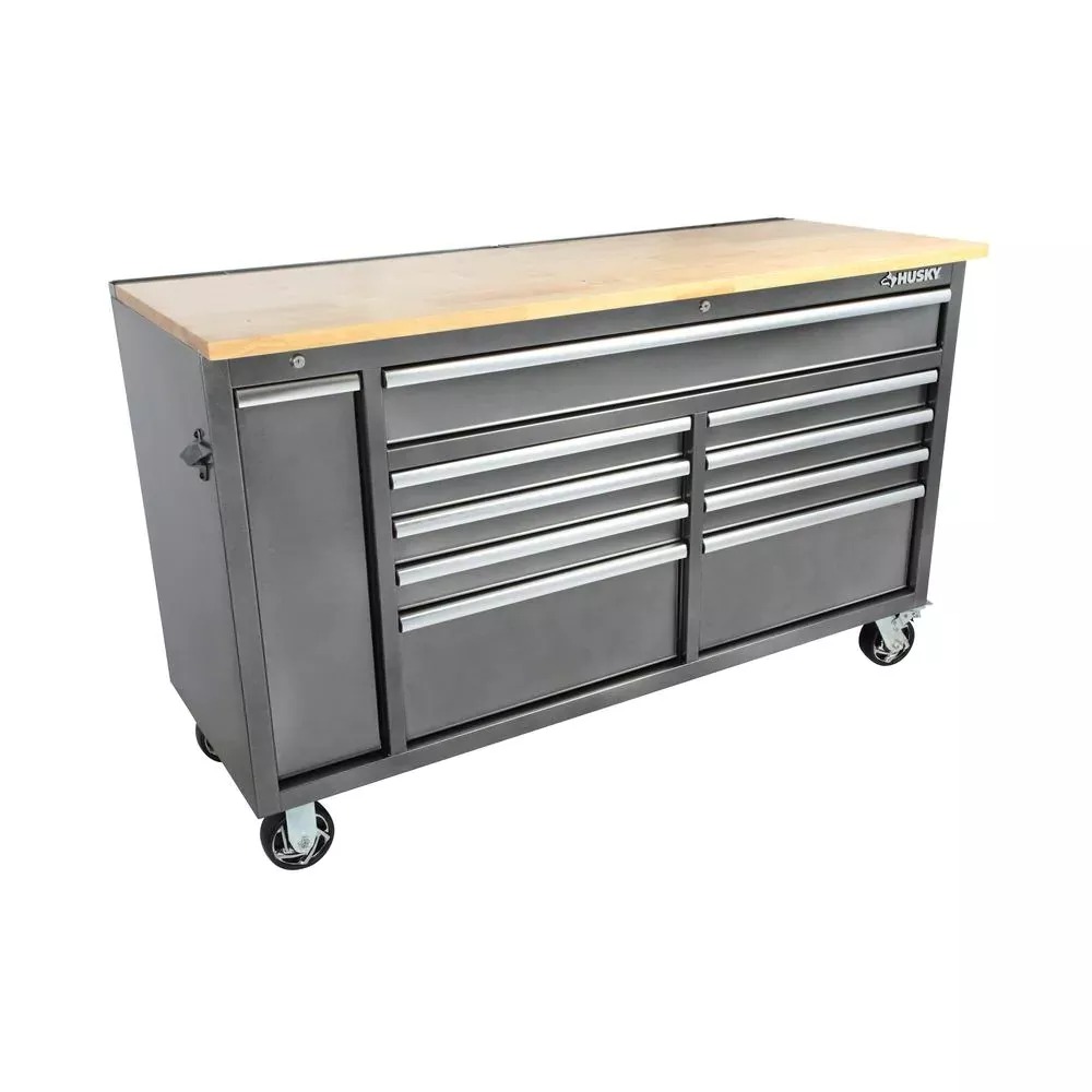 61 IN. W 10-DRAWER, DEEP TOOL CHEST MOBILE WORKBENCH IN METALLIC SILVER WITH SLIDING VERTICAL BIN STORAGE DRAWER