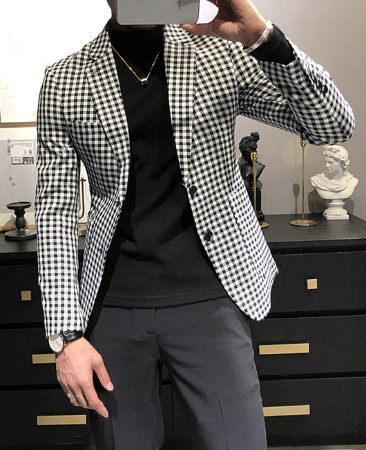 Dressy Plaid Print Button Decor Blazer