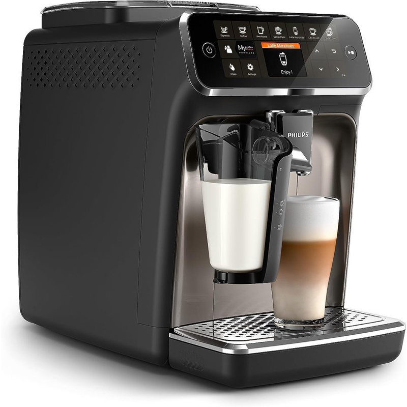 Philips 4300 series fully automatic espresso machine - LatteGo milk foam, 8 types of coffee, intuitive touch display, black,