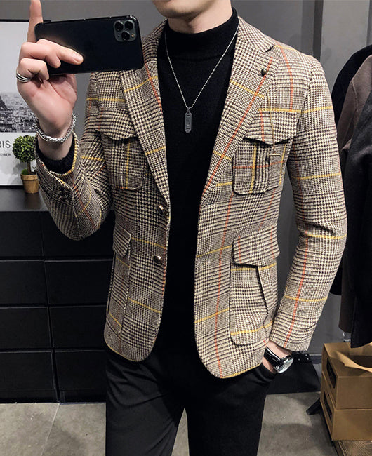 Retro Tartan Flap Pocket Decor Blazer