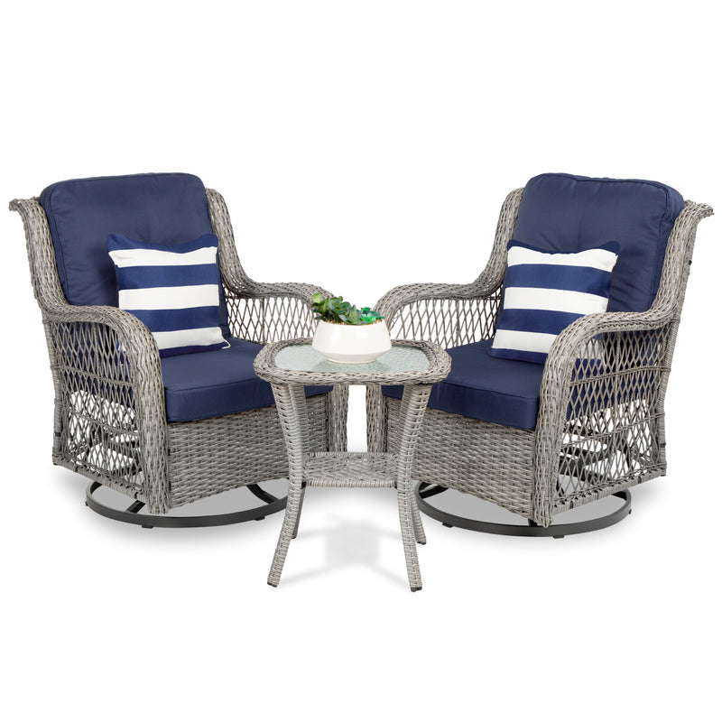 3-Piece Patio Wicker Bistro Furniture Set w/ 2 Swivel Rocking Chairs, Table