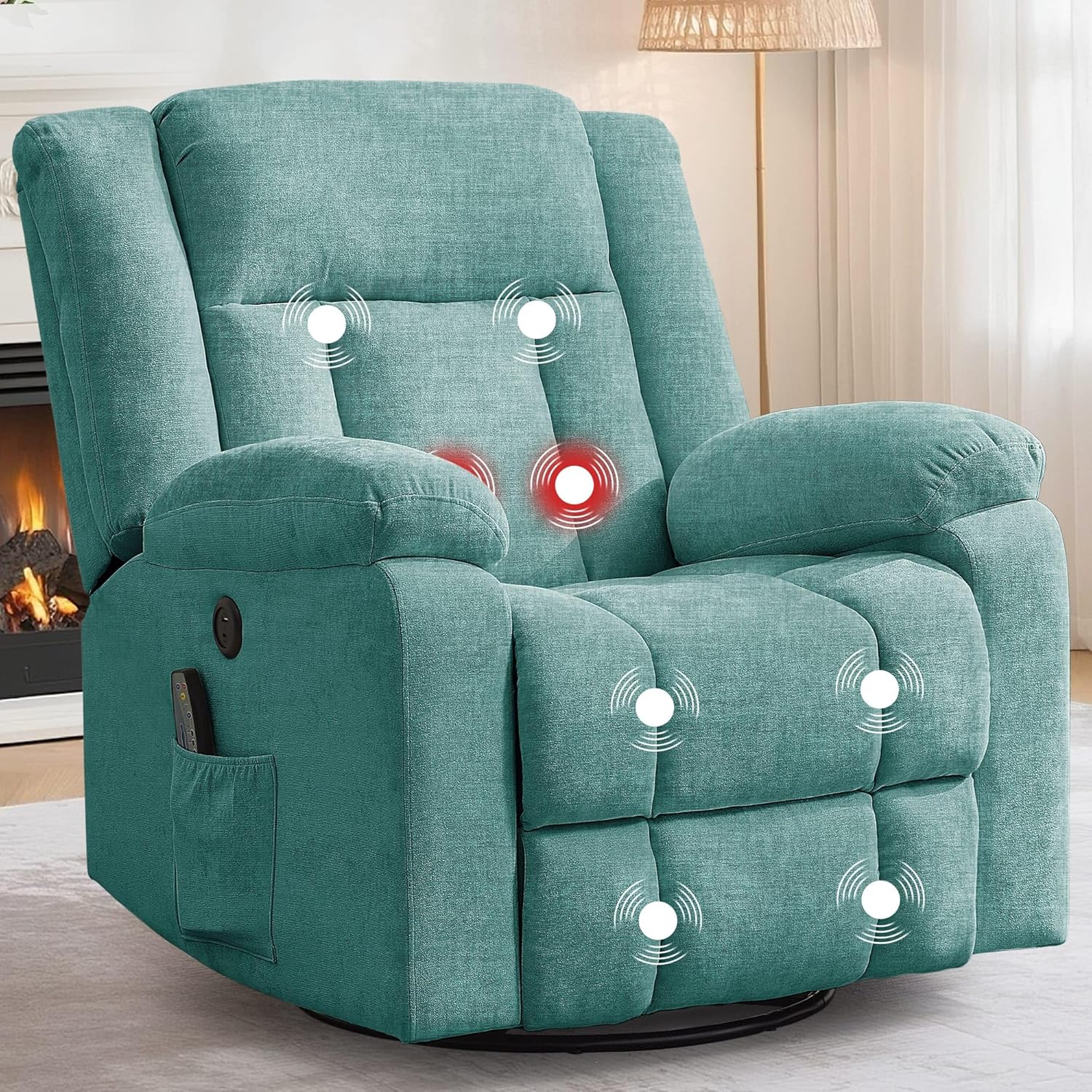 Rocker Recliner, Glider Recliner Chairs for Adults, 360° Swivel Rocking Chair with Massage and Heating, Nursery Chair with Storage and USB Charging for Living Room, Bedroom, Nursery