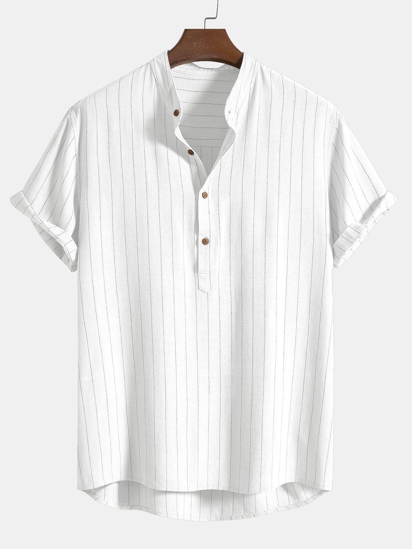 Linen Blend Striped Half Open Placket Henley Collar Shirt