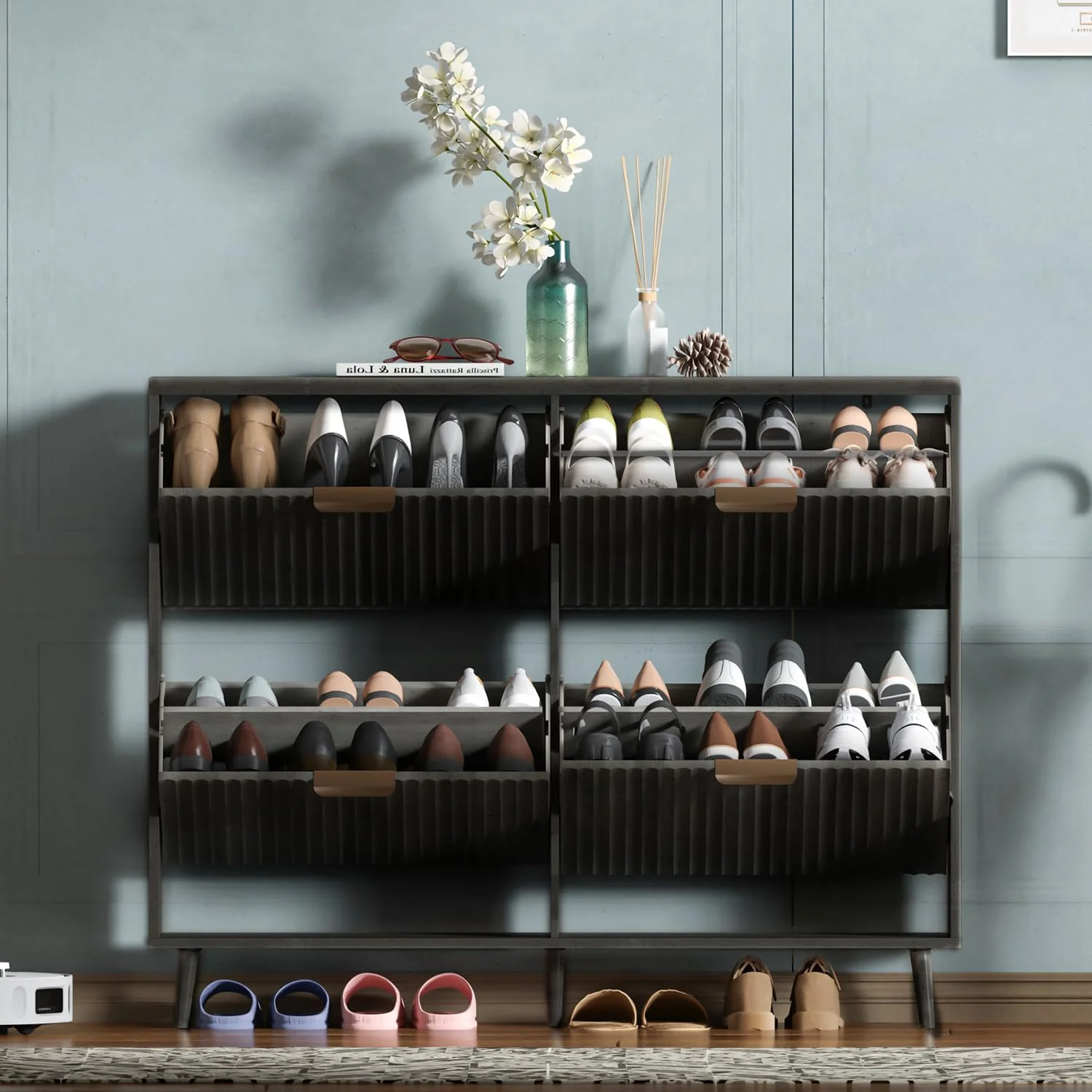 Shoe Cabinet Storage Modern Freestanding Organizer with 2 Flip Drawers Narrow Shoe Rack Cabinet