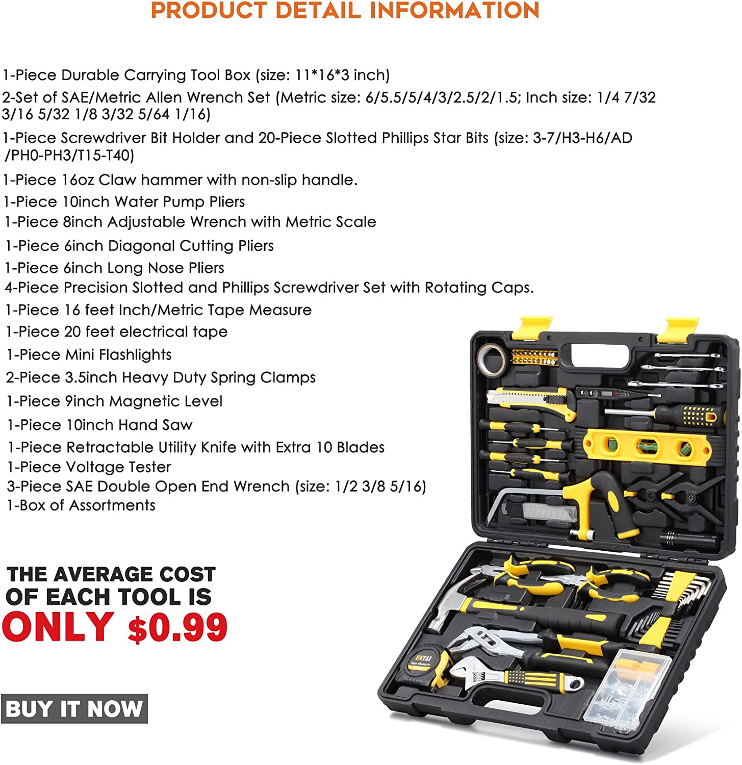 218 Piece Home Tool Kit, General Household Hand Tool Set with Solid Carrying Tool Box, Home Repair Basic Tool Kit Sets for Home Maintenance