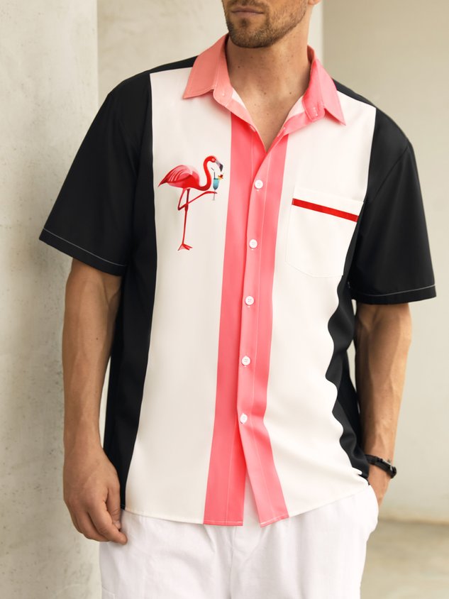 Flamingo Chest Pocket Short Sleeve Bowling Shirt