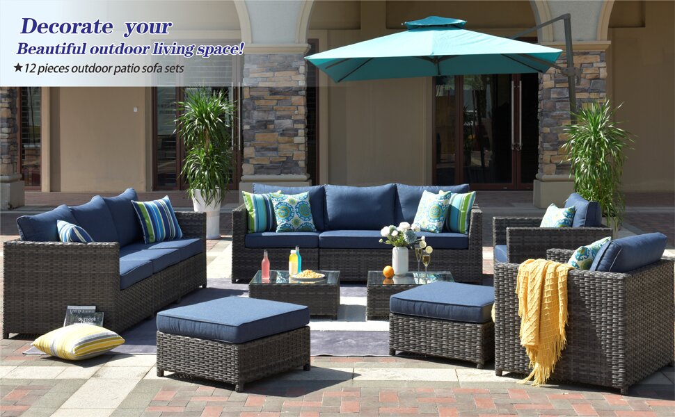 Outdoor Patio Furniture 12 Piece Set ,Pe Rattan Wicker Section with 4 Cushions and Furniture Cover, No Assembly Required