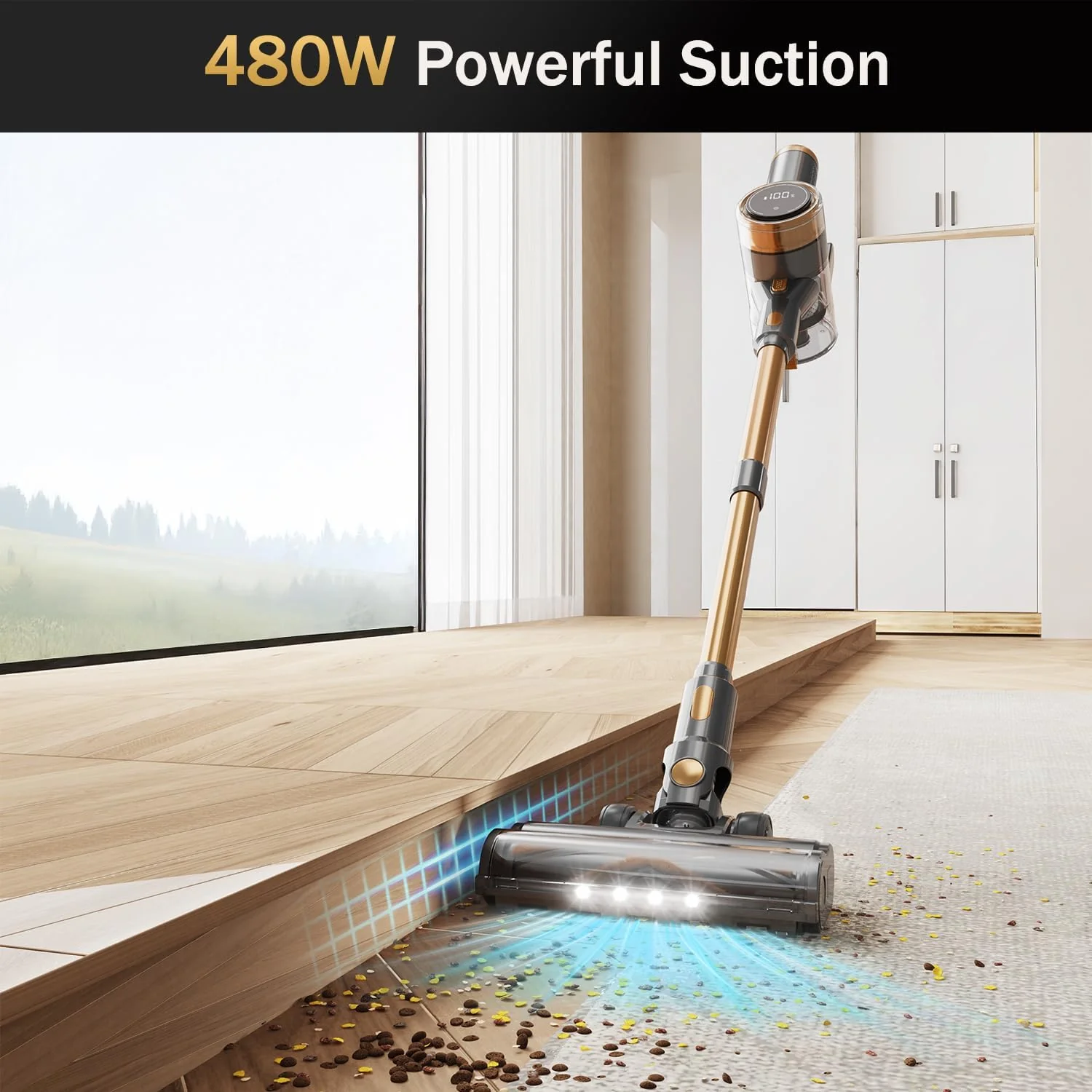 Cordless Vacuum Cleaner, 10-in-1 Lightweight Stick Vacuum with 45mins Runtime, Powerful Suction, LED Touch Screen, Rechargeable Vacuum Cleaners for Home Hardwood Floor Carpet Pet Hair (Gold)