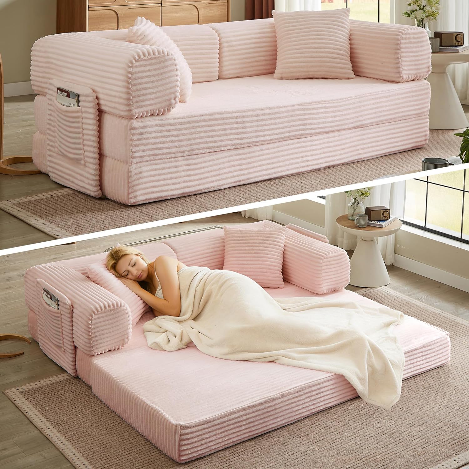 Boneless Couch Folding Couches for Living Room Sofa, Futon Sofa Bed with Sleeper Sofa, Futon Couch with Fixed-Shape Oversized Corduroy Upholstered (White, 81 Inches)